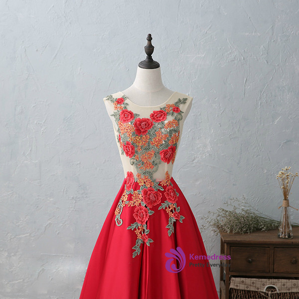 In Stock:Ship in 48 hours Red Satin Appliques Prom Dress