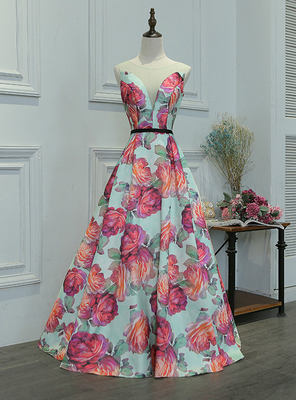 In Stock:Ship in 48 hours A-line Satin Print Prom Dress