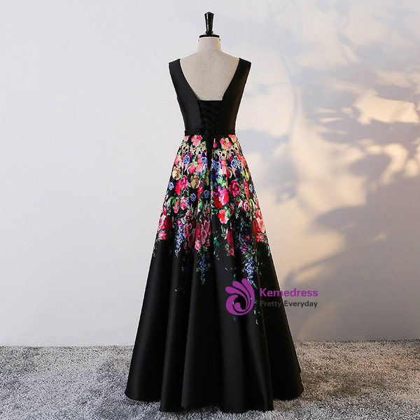 In Stock:Ship in 48 hours A-line Black Satin Print Prom Dress