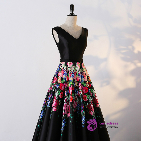 In Stock:Ship in 48 hours A-line Black Satin Print Prom Dress
