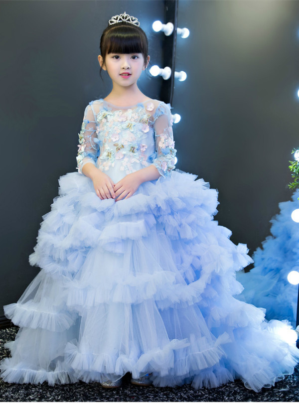 Ball Gown Long Sleeve Tulle Appliques Flower Girl Dress