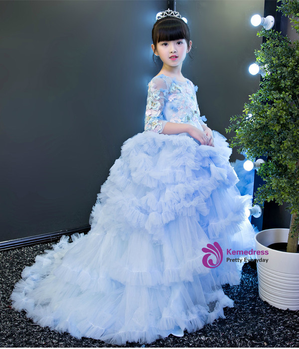 Ball Gown Long Sleeve Tulle Appliques Flower Girl Dress