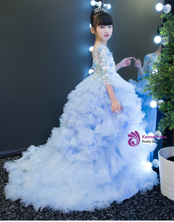 Ball Gown Long Sleeve Tulle Appliques Flower Girl Dress