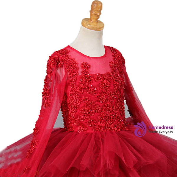 Red Ball Gown Flower Girl Dresses Long Sleeve Beaded Appliques Tiered Tulle