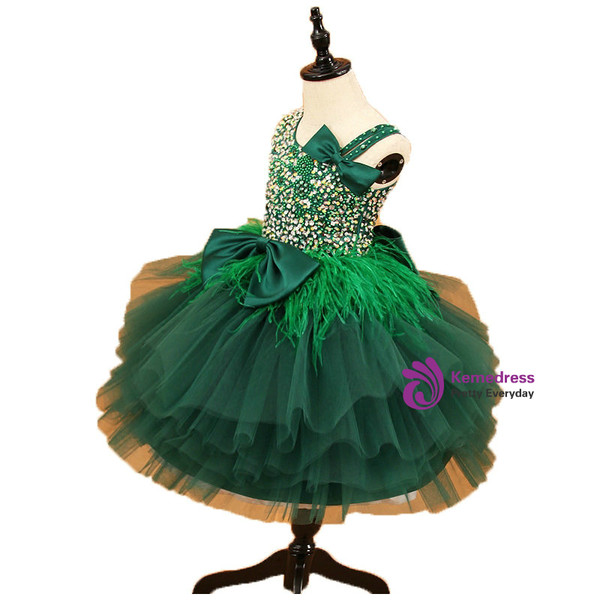 Sleeveless Beadings Feather Tulle Flower Girl Dresses