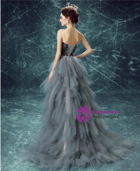 In Stock:Ship in 48 hours Hi Lo Gray Tulle Feather Open Back Prom Dress