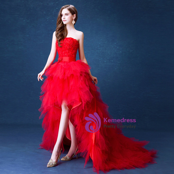 In Stock:Ship in 48 hours Cheap Red Hi Lo Tulle Crystal Prom Dress