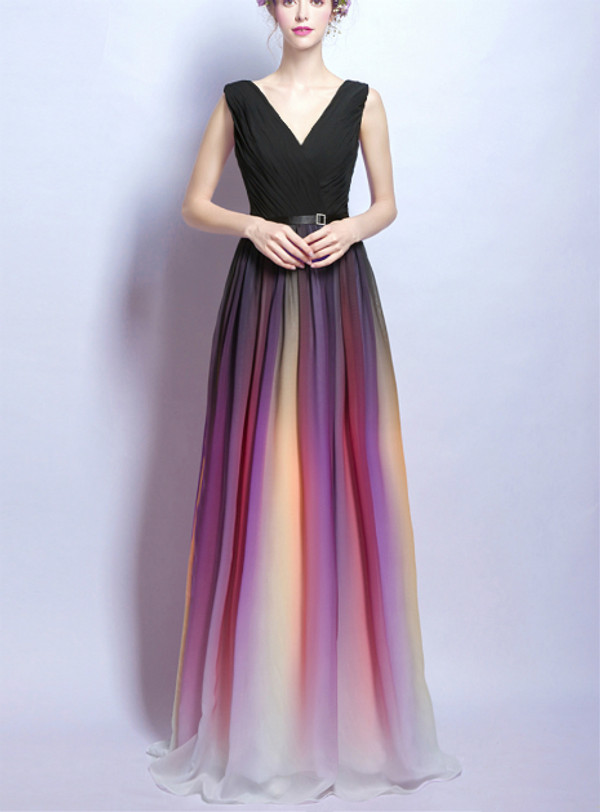 In Stock:Ship in 48 hours Cheap Gradient Rainbow Black V-neck Prom Dress