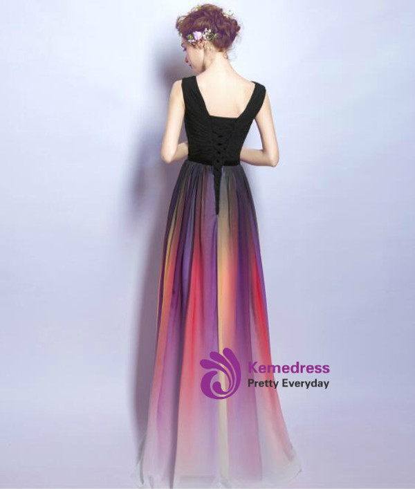 In Stock:Ship in 48 hours Cheap Gradient Rainbow Black V-neck Prom Dress