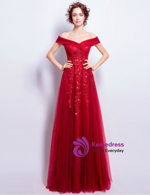 In Stock:Ship in 48 hours Red Off The Shoulder Tulle Appliques Prom Dress