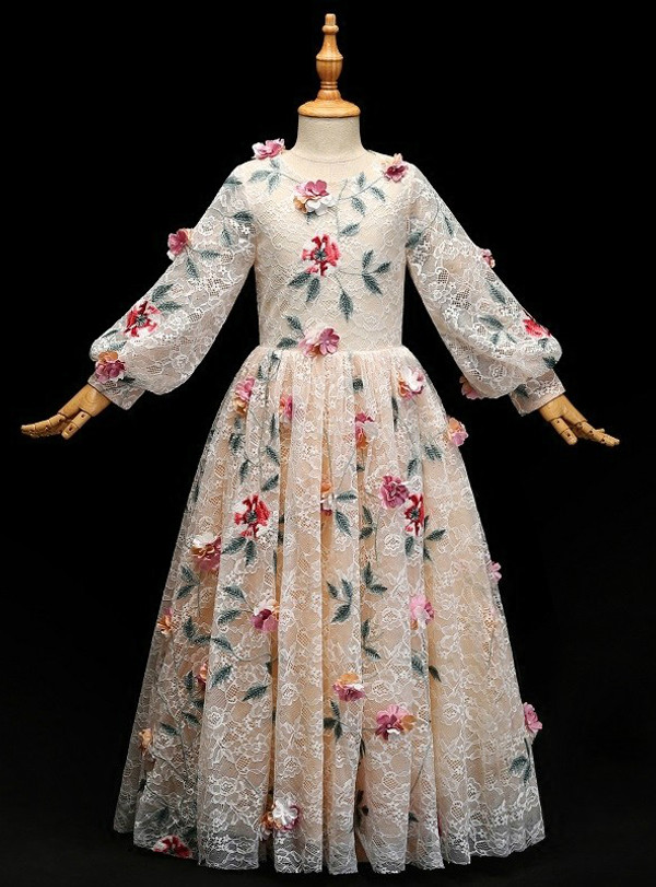 Long Sleeve Champagne Lace Appliques Flower Girl Dress