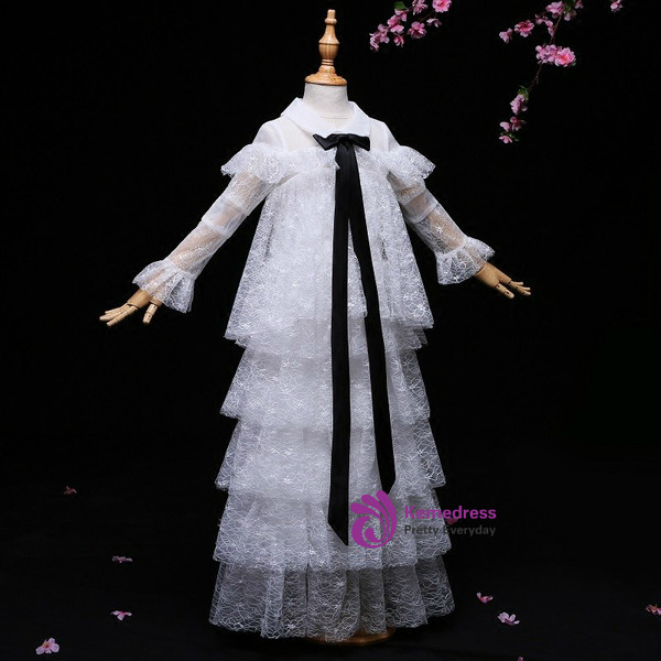 Long Sleeve White Lace Ruffles With Bow Flower Girl Dress