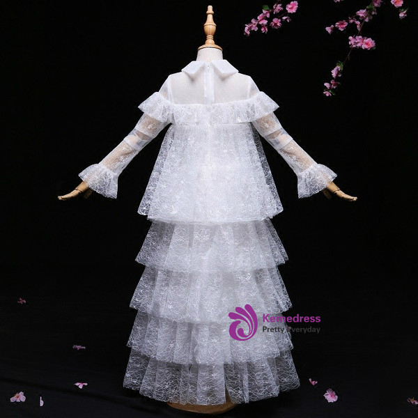 Long Sleeve White Lace Ruffles With Bow Flower Girl Dress