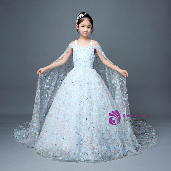 Blue Ball Gown Tulle Appliques Flower Girl Dress