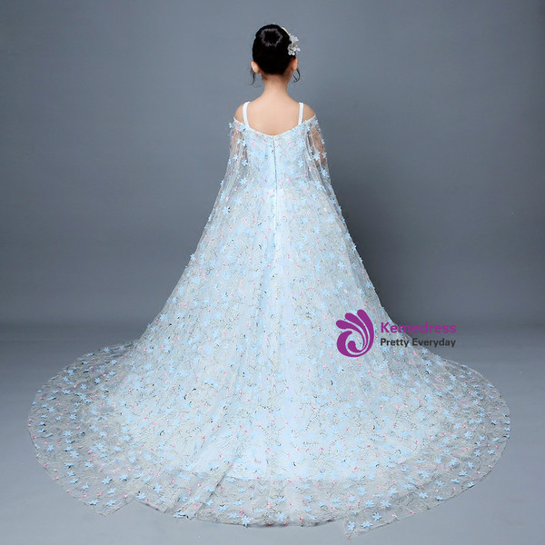 Blue Ball Gown Tulle Appliques Flower Girl Dress