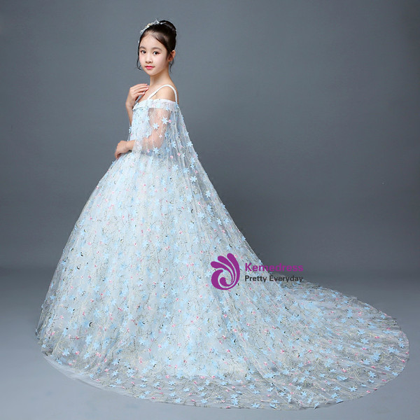 Blue Ball Gown Tulle Appliques Flower Girl Dress