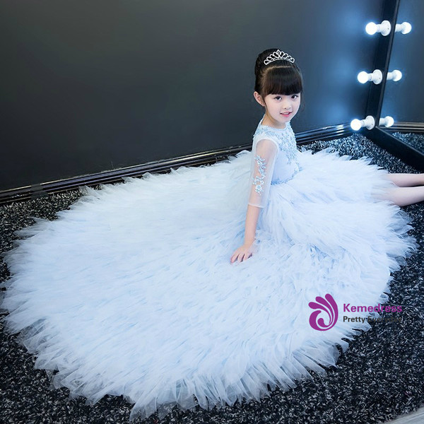 Hi Lo Short Sleeve Blue Tulle Appliques Flower Girl Dress