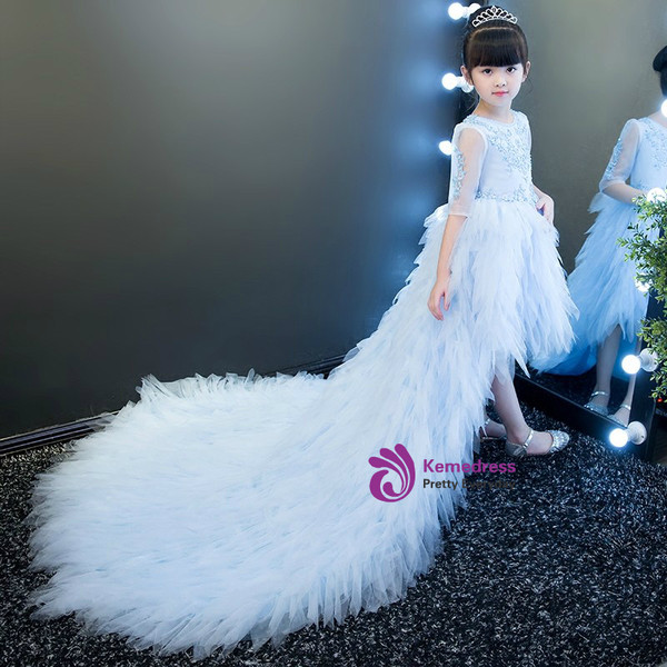 Hi Lo Short Sleeve Blue Tulle Appliques Flower Girl Dress