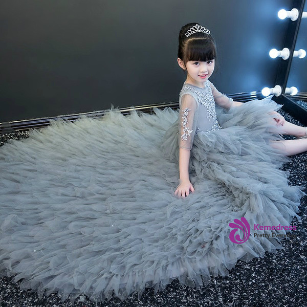 Hi Lo Short Sleeve Gray Tulle Appliques Flower Girl Dress