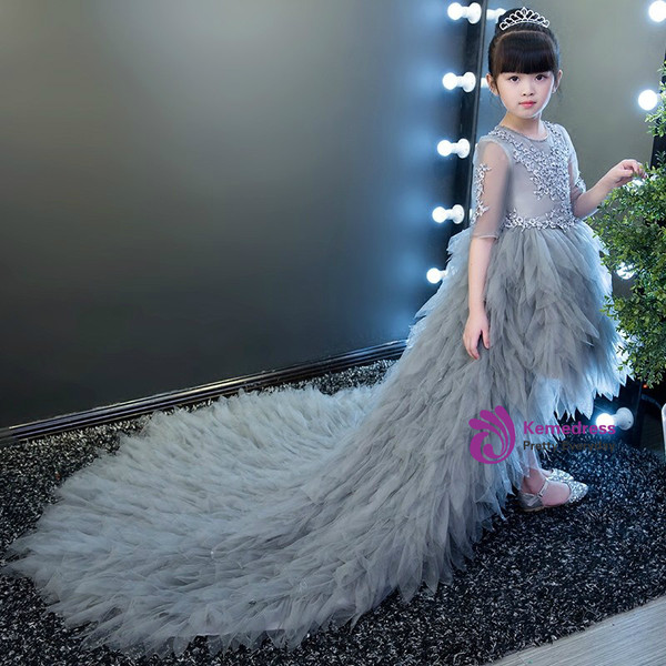 Hi Lo Short Sleeve Gray Tulle Appliques Flower Girl Dress