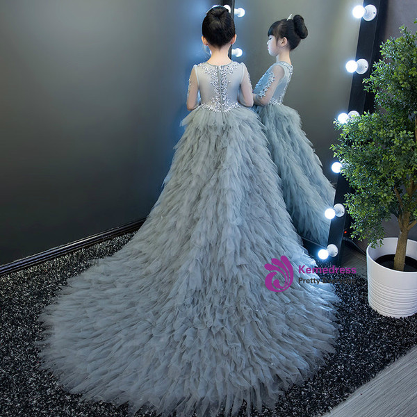 Hi Lo Short Sleeve Gray Tulle Appliques Flower Girl Dress