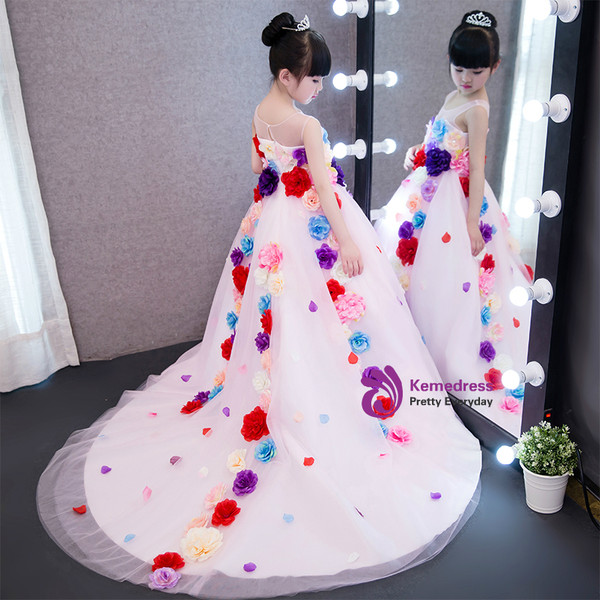 Fashion Pink Tulle Trailing Flower Girl Dress Princess Dress