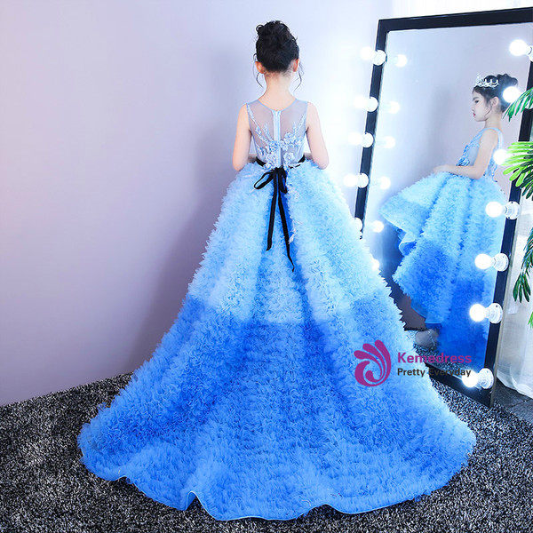 Blue Hi Lo Tulle Ruffles Appliques Flower Girl Dress