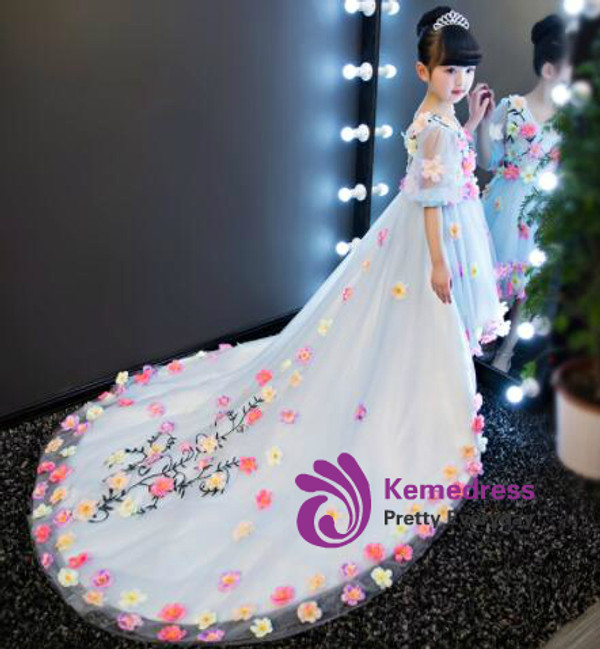 Hi Lo Short Sleeve Blue Tulle Flower Girl Dress