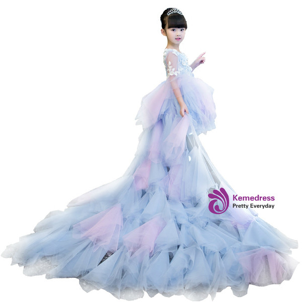 Blue Tulle Hi Lo Long Sleeve Flower Girl Dress