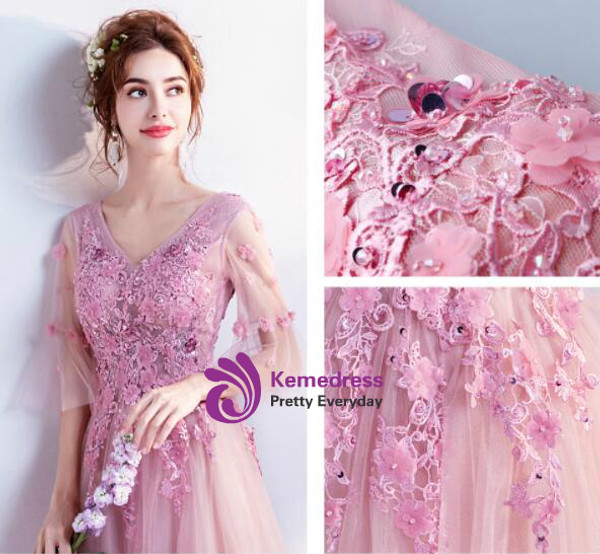 In Stock:Ship in 48 hours A-line Pink Tulle V-neck Backless Appliques Prom Dress