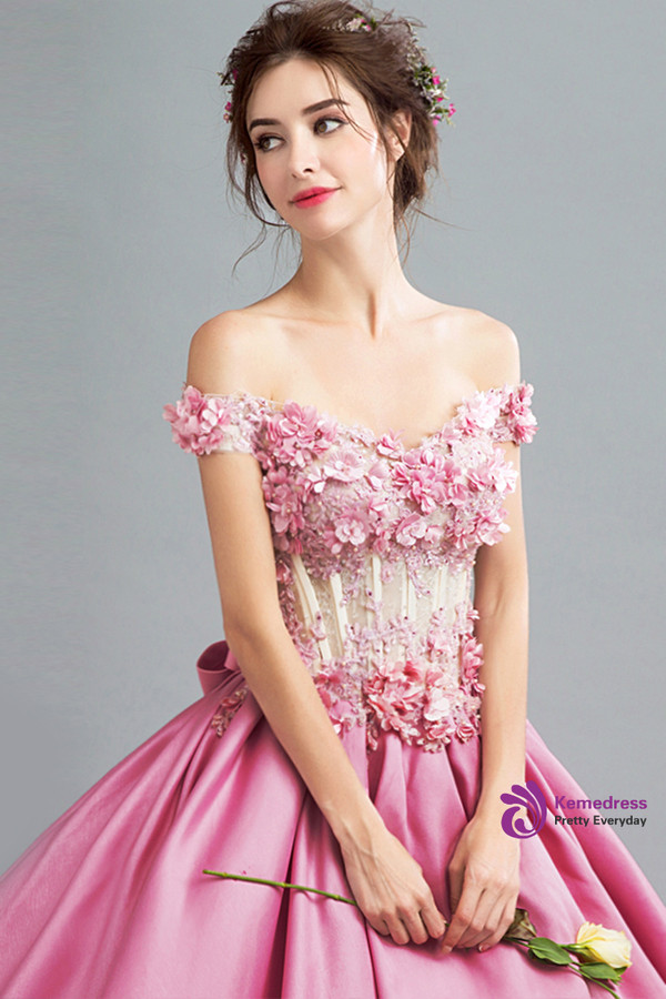 In Stock:Ship in 48 hours Pink Satin Off The Shoulder Wedding Dress