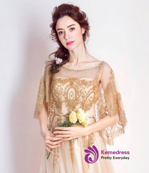 In Stock:Ship in 48 hours Gold Lace Backless Wedding Dress