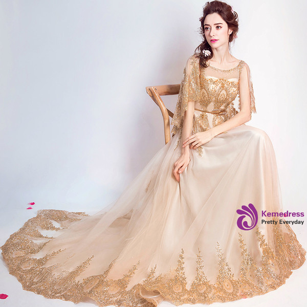 In Stock:Ship in 48 hours Gold Lace Backless Wedding Dress