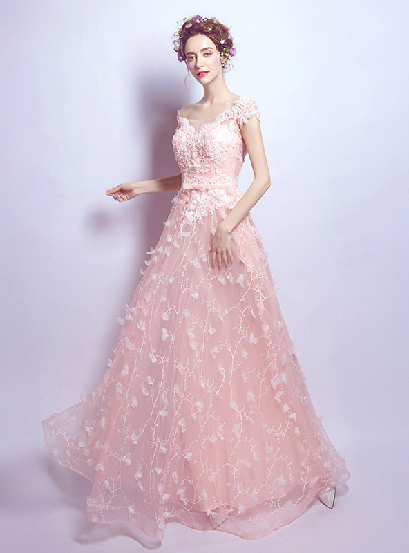 In Stock:Ship in 48 hours Pink Appliques Tulle Wedding Dress