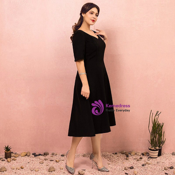 Plus Size Tea Length Black Short Sleeve Satin Prom Dress