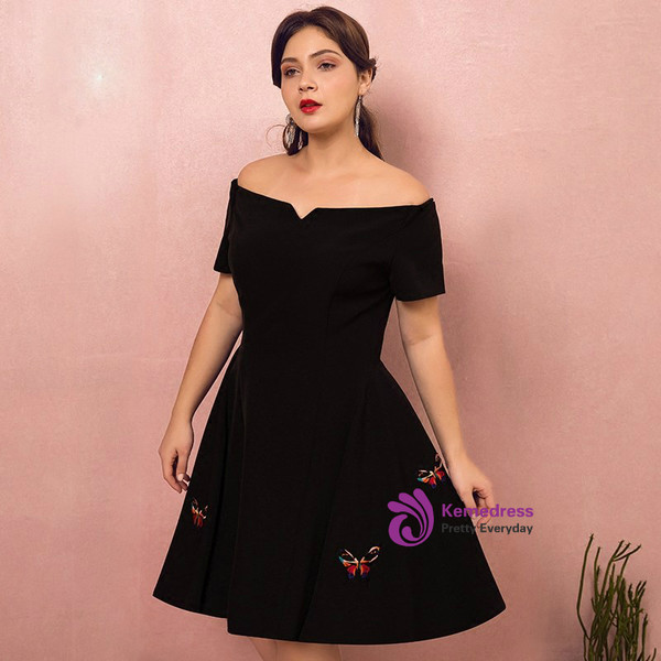 Plus Size Knee Length Black Satin Off The Shoulder Short Prom Dress