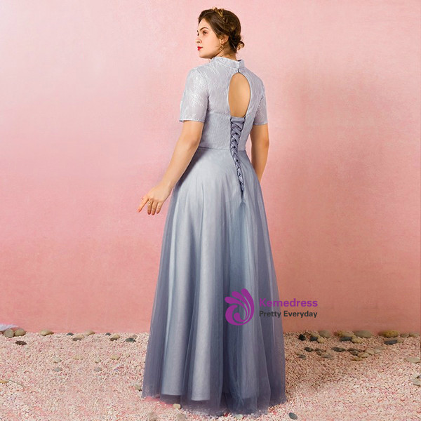 Plus Size Blue Tulle High Neck Short Sleeve Prom Dress