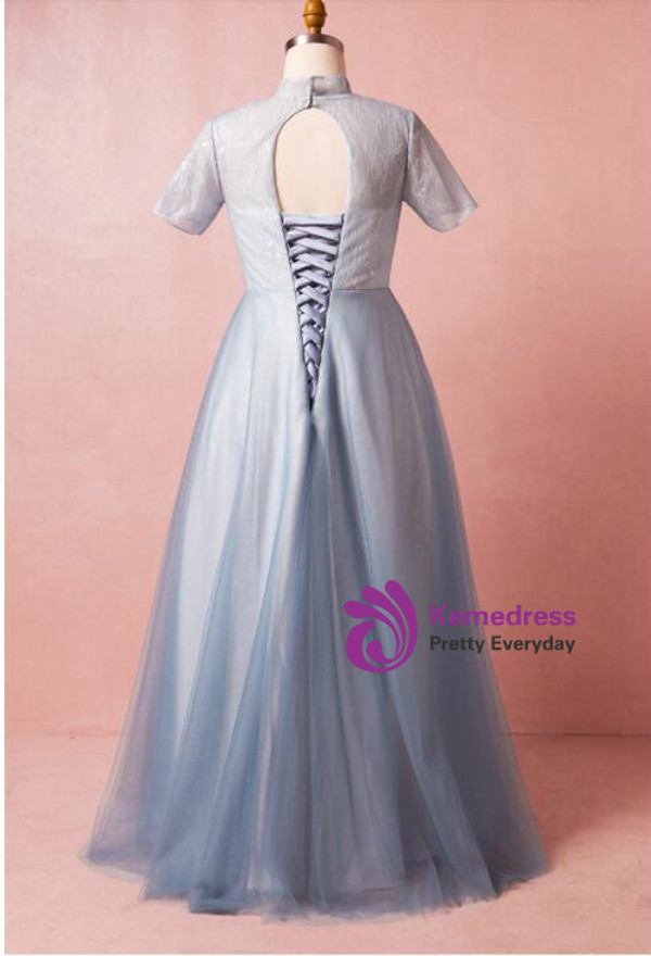 Plus Size Blue Tulle High Neck Short Sleeve Prom Dress