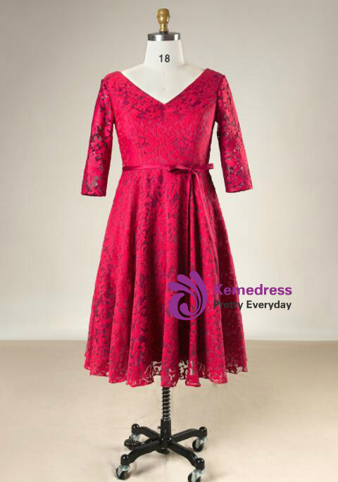 Plus Size Burgundy Lace Half Sleeve V-neck Prom Dress