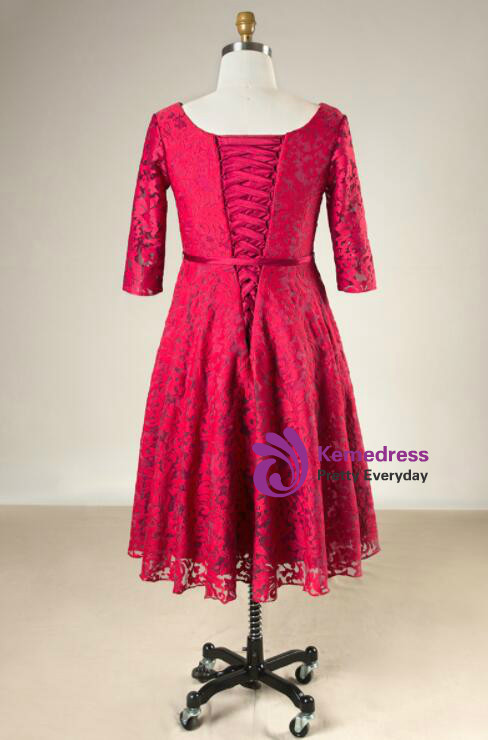 Plus Size Burgundy Lace Half Sleeve V-neck Prom Dress