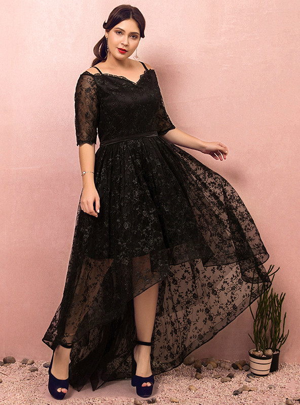 Plus Size Black Lace Hi lo Spaghetti Straps Prom Dress