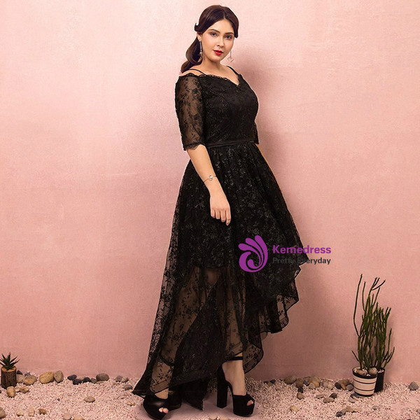Plus Size Black Lace Hi lo Spaghetti Straps Prom Dress