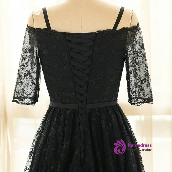 Plus Size Black Lace Hi lo Spaghetti Straps Prom Dress