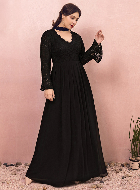 Plus Size Black Long Sleeve Lace V-neck Prom Dress