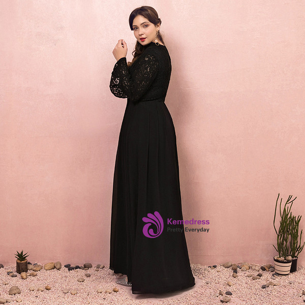 Plus Size Black Long Sleeve Lace V-neck Prom Dress