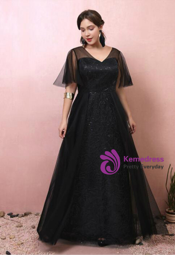Fashion Plus Size Black Tulle V-neck Prom Dress
