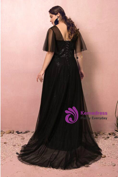 Fashion Plus Size Black Tulle V-neck Prom Dress