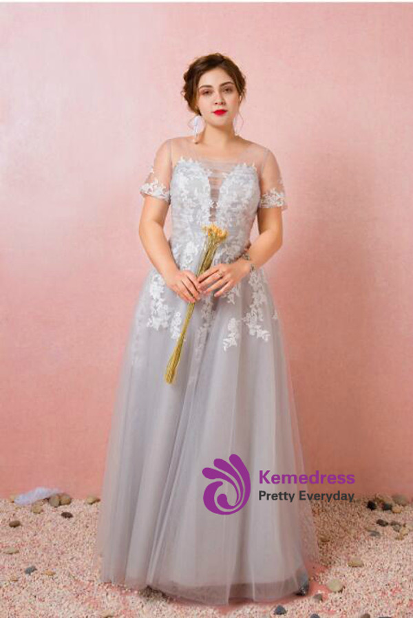 Plus Size Gray Tulle Appliques Short Sleeve Prom Dress