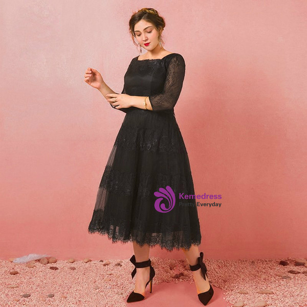 Plus Size 4/3 Sleeve Black Lace Tea Length Prom Dress