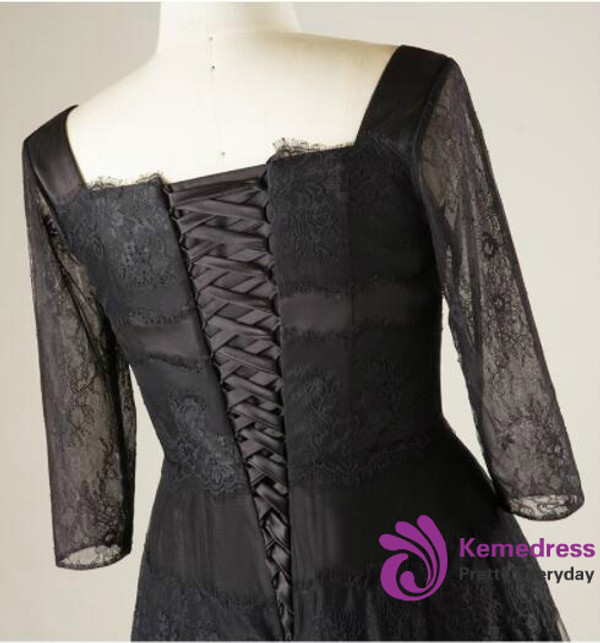 Plus Size 4/3 Sleeve Black Lace Tea Length Prom Dress